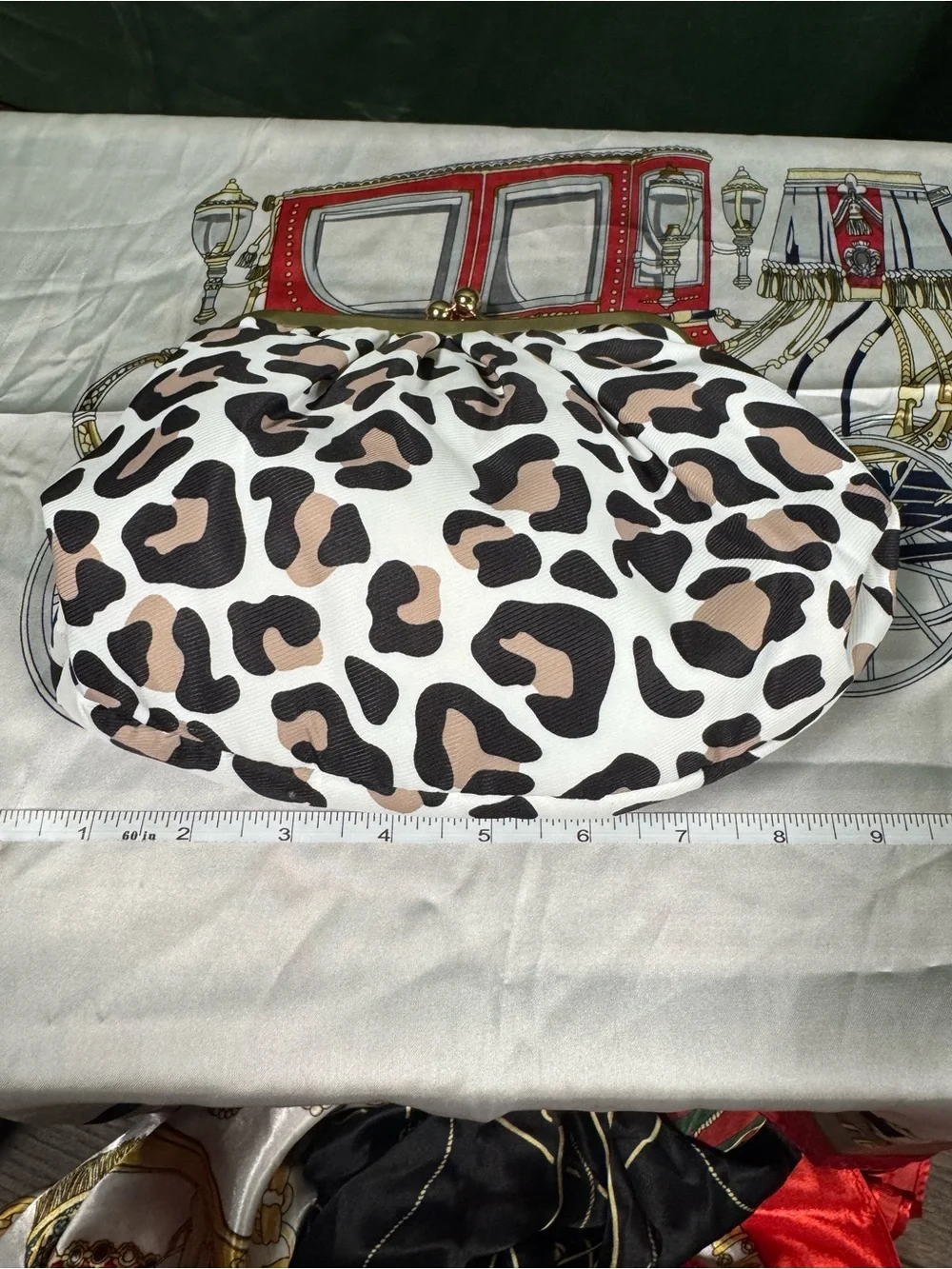 Leopard Print Pleated Clasp Clutch in White, Beige & Black